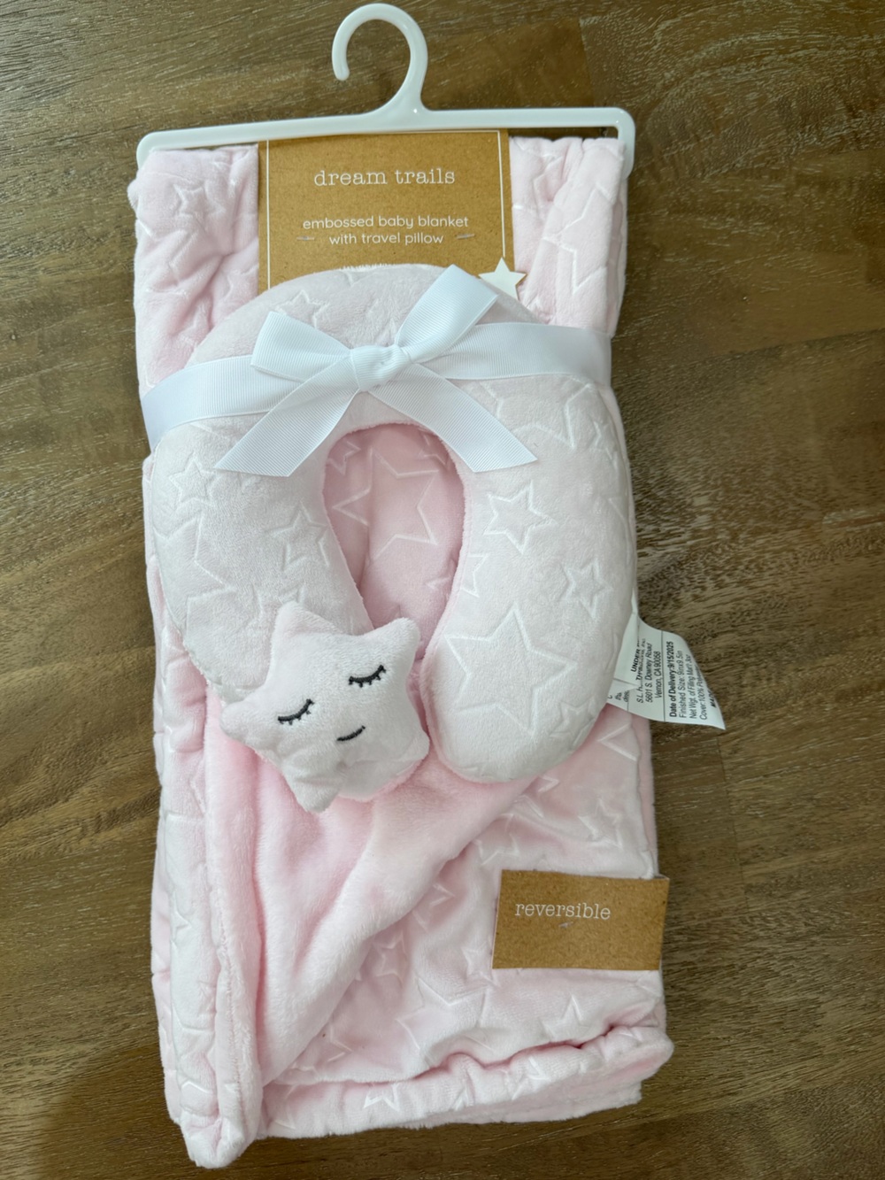 Soft Pink Star Embossed Baby Travel Pillow & Blanket Set